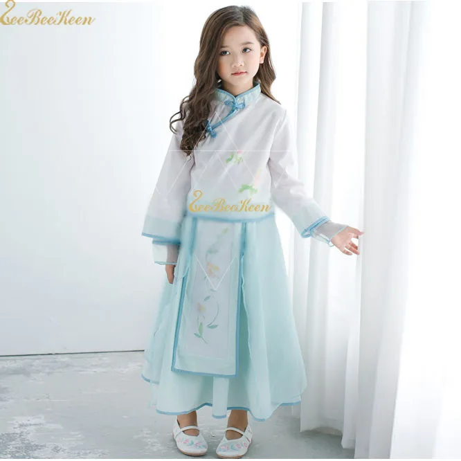 

Шифоновая одежда ханьфу для девочек с цветочным принтом, петля для пуговиц, китайская одежда Хань, костюм для косплея на Хэллоуин, длинное платье для взрослых в стиле "Лолита" для женщин