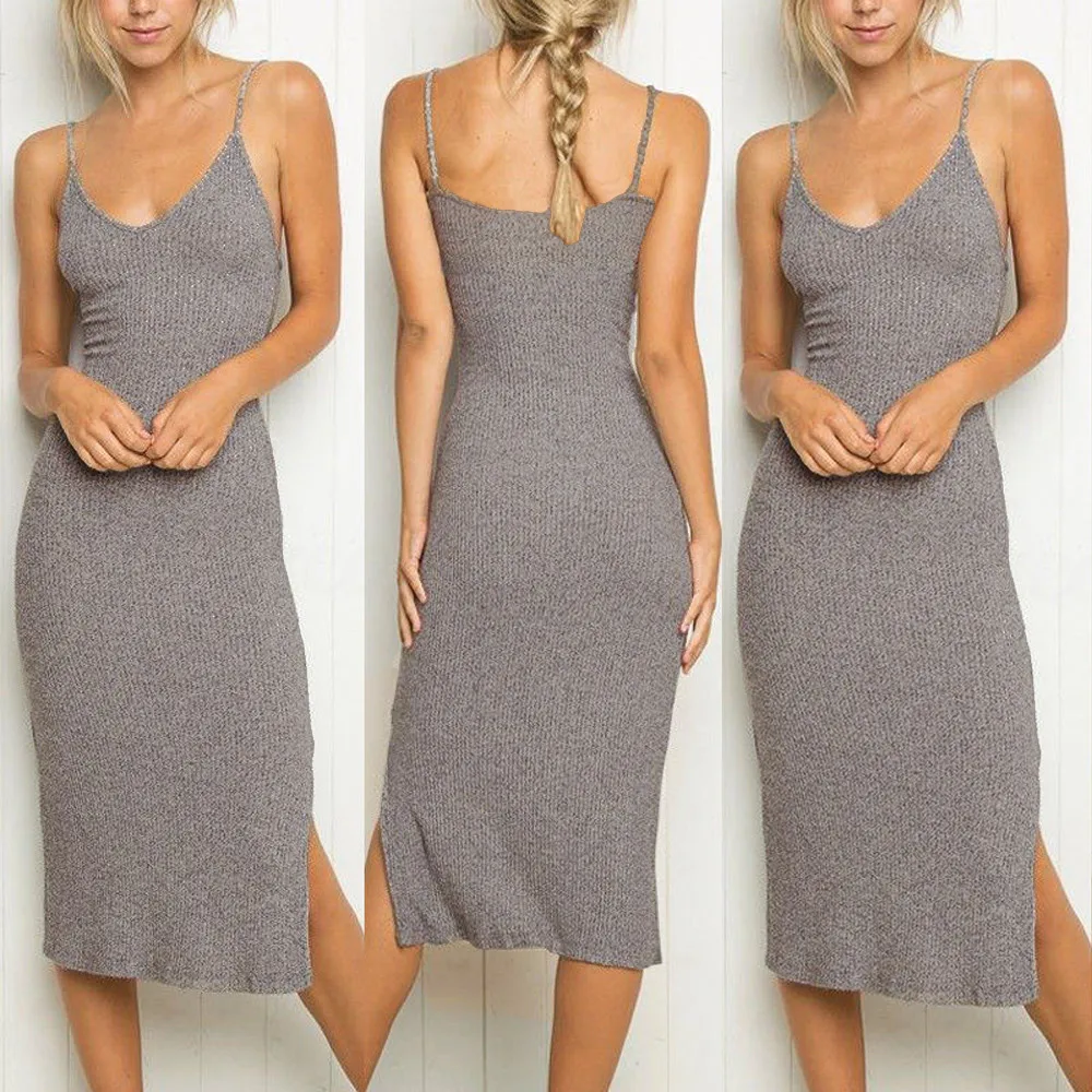 Женское платье, vestidos ropa mujer, без рукавов, на бретелях, женское платье, мягкое и удобное, платье на бретелях, тонкое, в рубчик, вязанное, с разрезом, платье для вечеринок