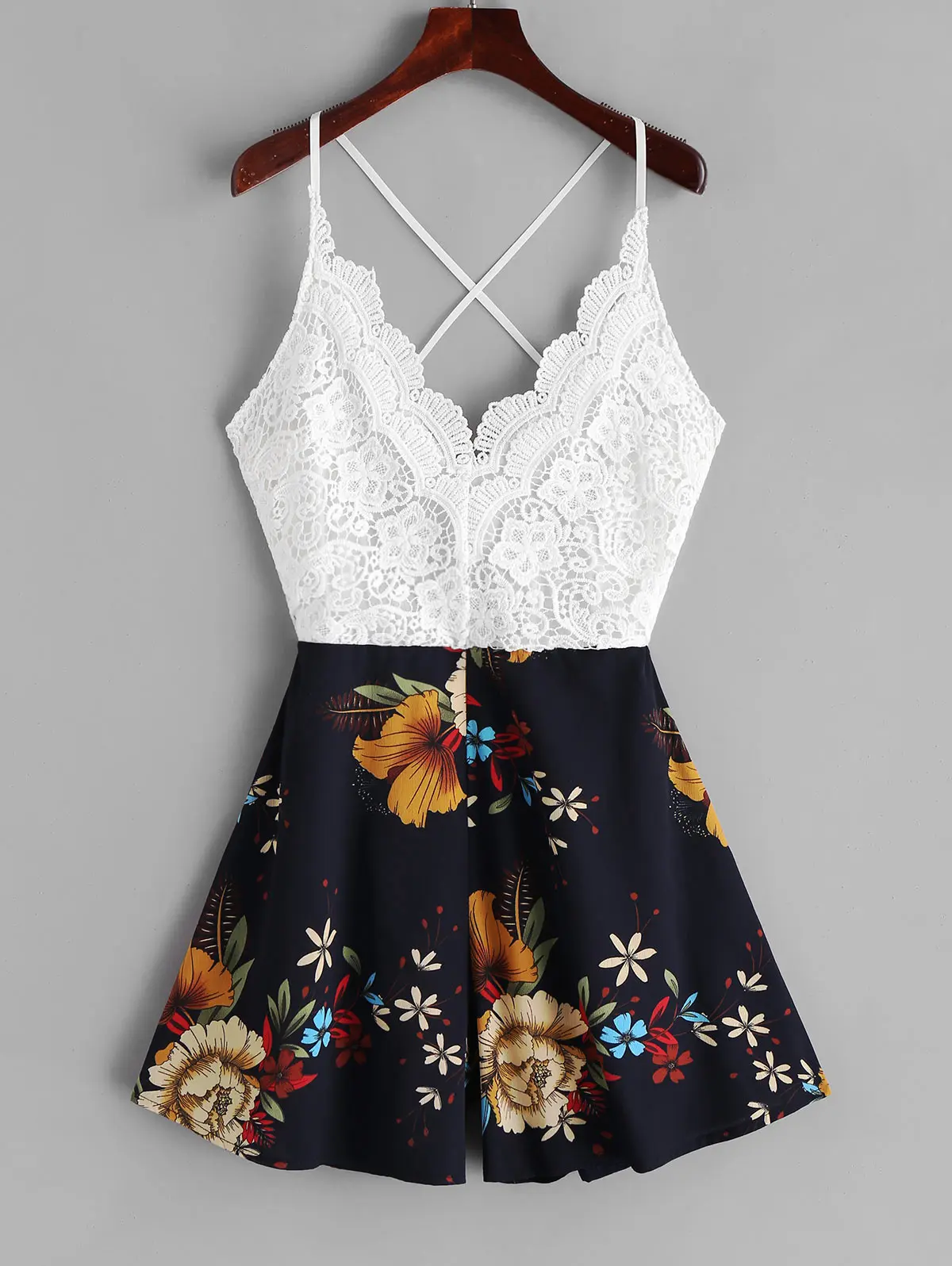 

Jumpsuit Women Knotted Back Lace Bodysuit Panel Floral Cami Romper Casual Women's Suit Sexy Spaghetti Strap Bodysuits