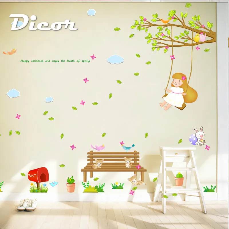 DICOR DIY милые качели девушка наклейки на стену для детей комнаты Декор дома