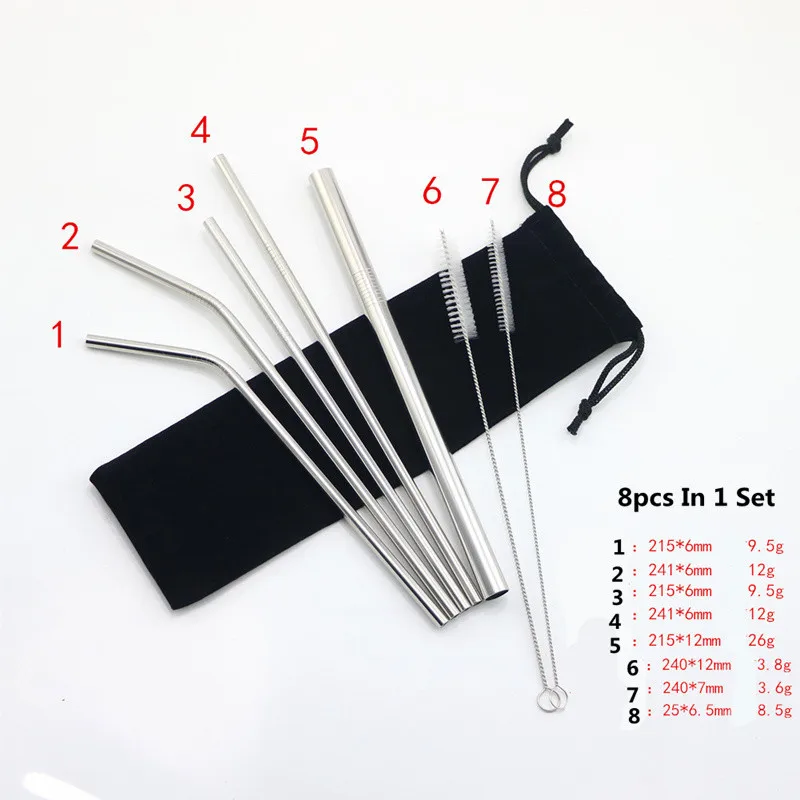 silver 8pcs Reusable Colorful Stainless Steel Drinking Straw High Quality Straight Bent Metal Straw with Cleaning Brush and Storage Bag - Цвет: silver