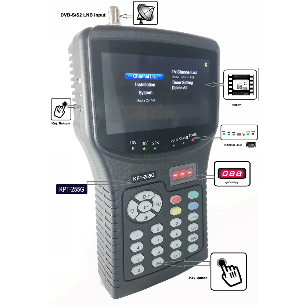 KPT 255G DVB S2 S Цифровой спутниковый finder метр 4 3 дюймов ЖК дисплей Дисплей СБ MPEG 1080P Full HD