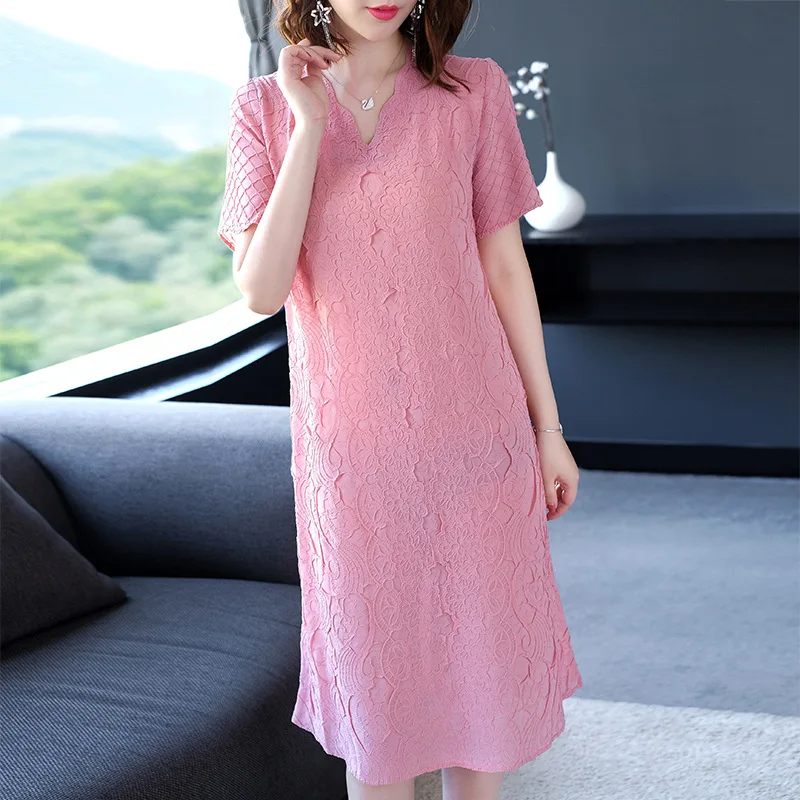 

summer new fashion women's heavy embroidery dress ladies temperament loose size A-line dress fold miyake pleats free ship