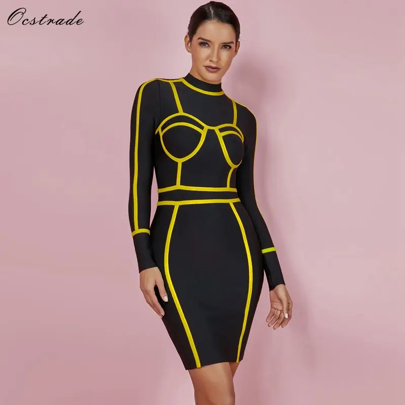 

Ocstrade Women Bandage Dress 2019 New Sexy Yellow Symmetrical Outline Detail Black Turtleneck Long Sleeve Bodycon Dress Party