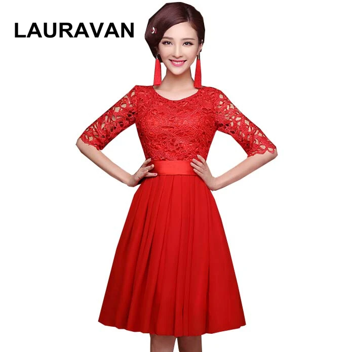 

short vintage red lace half sleeves illusion neckline bridesmaid bride maides dresses a line chiffon elegant dress