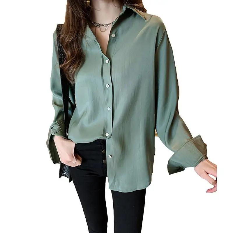Casual Satin Shirts Silk Blouses Long Sleeve Lapel Women Solid Color Slim Basic Single-breasted Tops New 2019 Spring Autumn D185