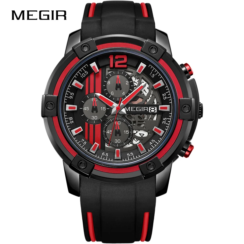 Red Новинка, MEGIR, креативные, большой циферблат, хронограф, мужские спортивные часы, военные, кварцевые часы, мужские часы, Relogio Masculino, Reloj Hombre - Цвет: Red