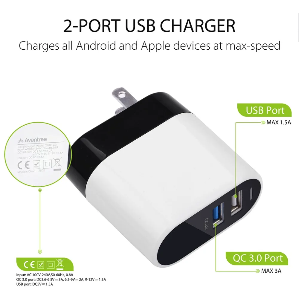 QC3.0 Быстрая зарядка 23 Вт/4.5A 2-портовое USB настенное зарядное устройство-TR603 |