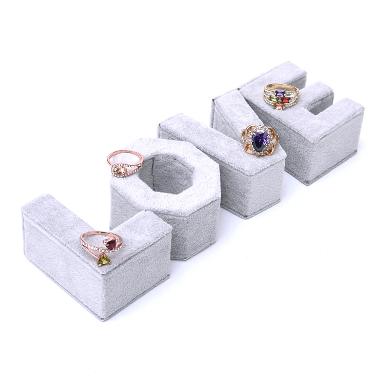 

Lot of 4 Creative LOVE Words Ring Display Holder Gray Velvet Ring Display Stand Jewelry Display Holder