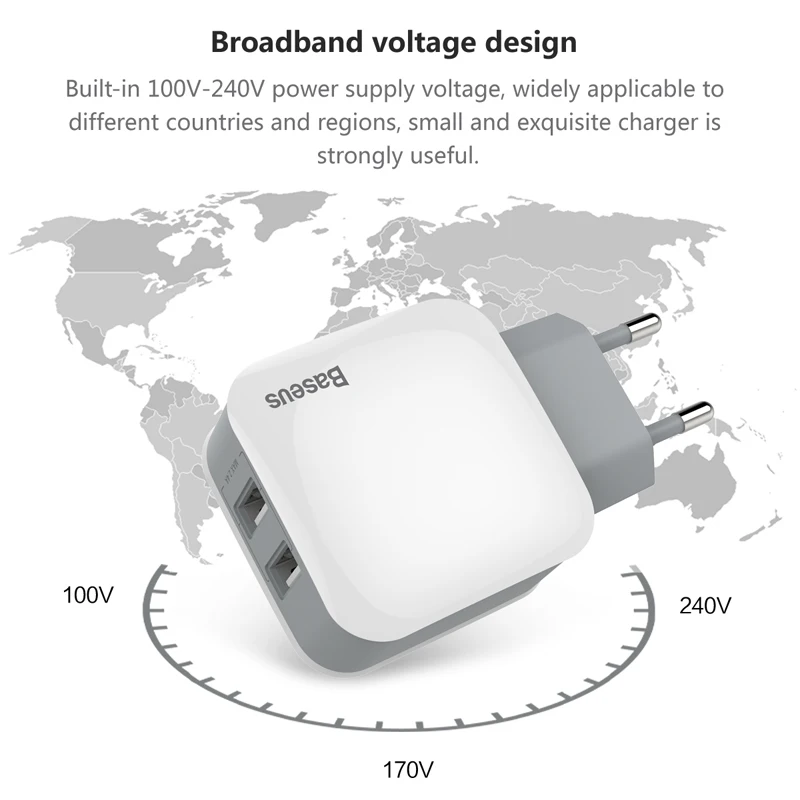 Baseus 2 USB EU зарядное устройство штекер для samsung huawei Xiaomi двойной USB порт путешествия настенное зарядное устройство USB ЗУ для мобильного телефона адаптер 5V2. 4A