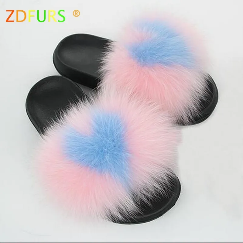 pink blue love ZDFURS/; Лидер продаж; женские шлепанцы с лисьим мехом; Разноцветные Летние модные шлепанцы; женские меховые домашние Вьетнамки; пляжные сандалии - Цвет: pink blue love