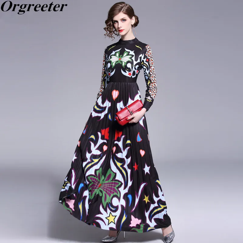 

Женское плиссированное платье макси, повседневное длинное платье с леопардовым принтом и абстрактным принтом, платье с длинным рукавом, вы...