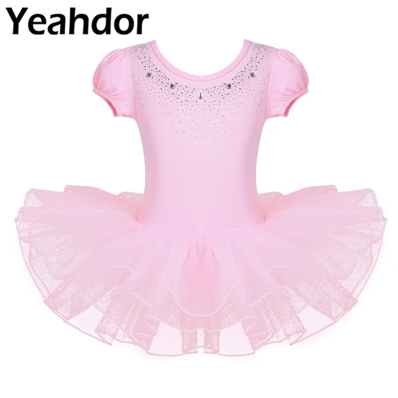 Детское Сетчатое балетное платье с короткими рукавами и блестящими стразами для
