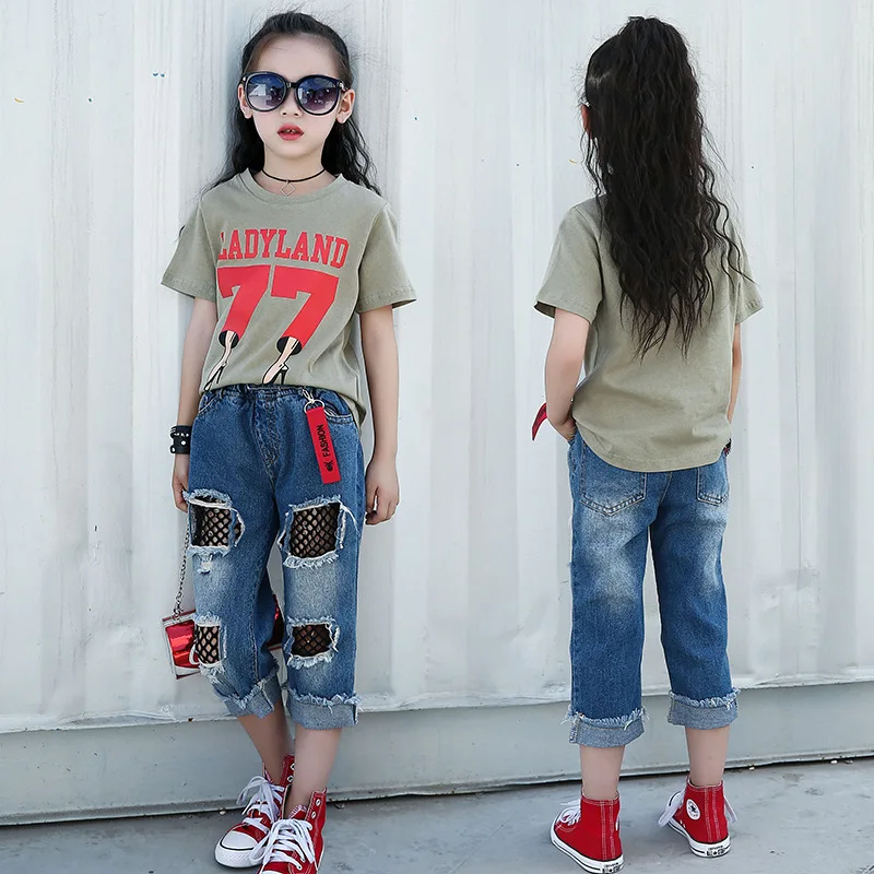 Kids Clothes Girl Summer Cotton T-shirt and Black Nets Denim Trousers Children's Clothing Sets 4-14 Ages Teen Girls sports suit | Детская
