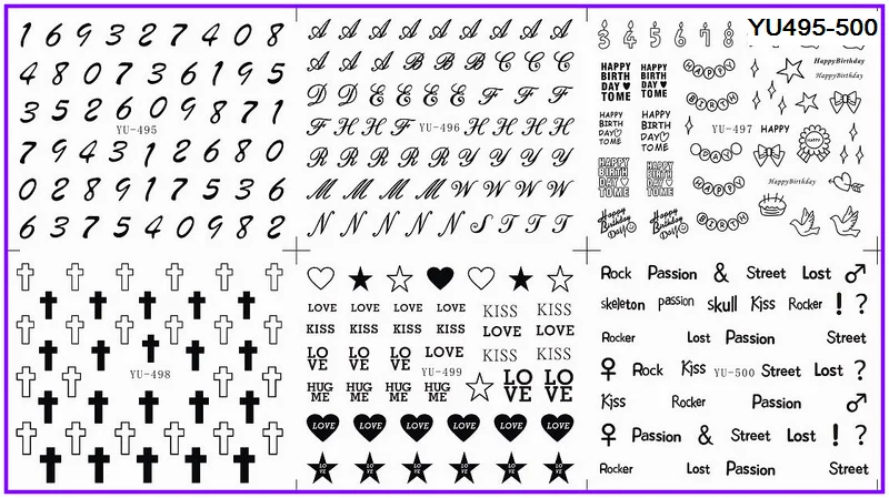 6 упак./лот переводная наклейка на ногти с изображением сердца и алфавита черный