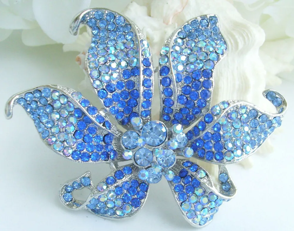3.74&quot Blue Rhinestone Crystal Orchid Flower Brooch Pin Pendant EE03903C6 | Украшения и аксессуары