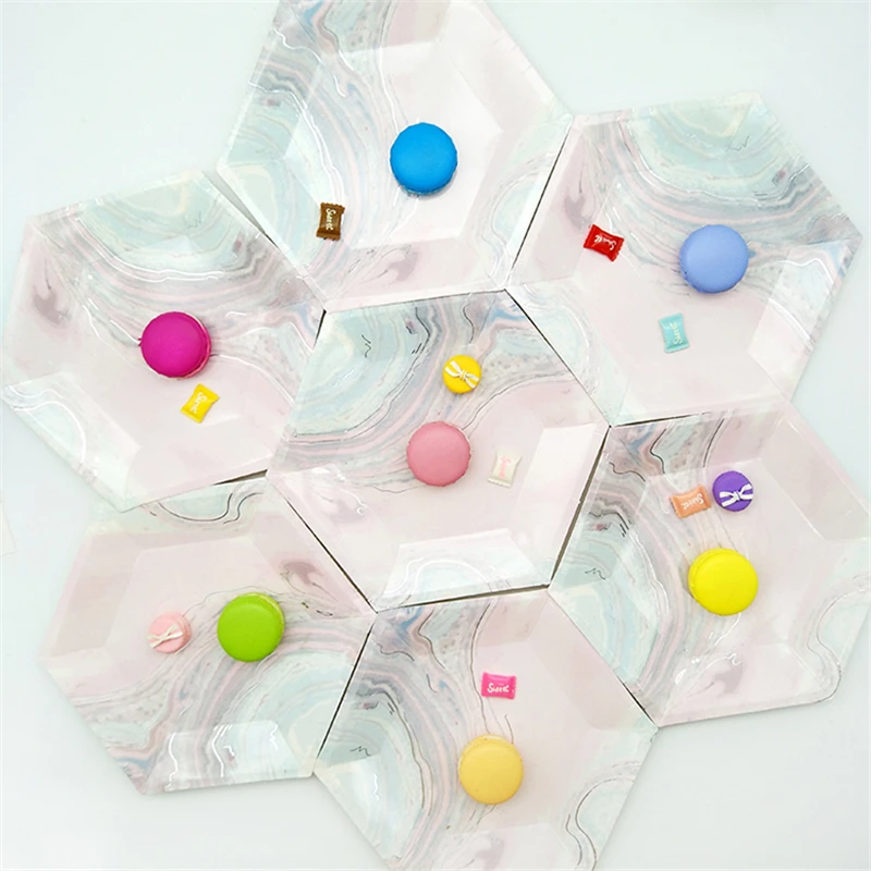 16 шт. розовые мраморные бумажные тарелки вечерние с декором для еды свадебные