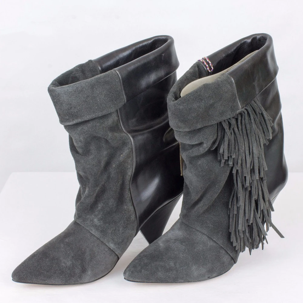 

Женские ботильоны с острым носком, зимние ботинки на высоком каблуке с кисточками, Размеры 35-41