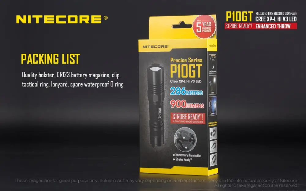Бесплатная доставка Nitecore Точная серия P10GT 900Lm CREE XPL HI V3 светодиодный тактический