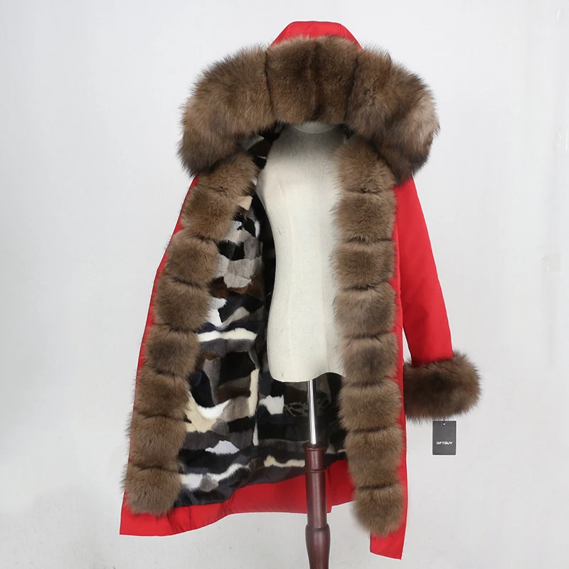 red brown OFTBUY X-long Parka водонепроницаемая верхняя одежда зимняя куртка женская шуба из натурального меха енота Капор из норки съемная меховая подкладка - Цвет: red brown
