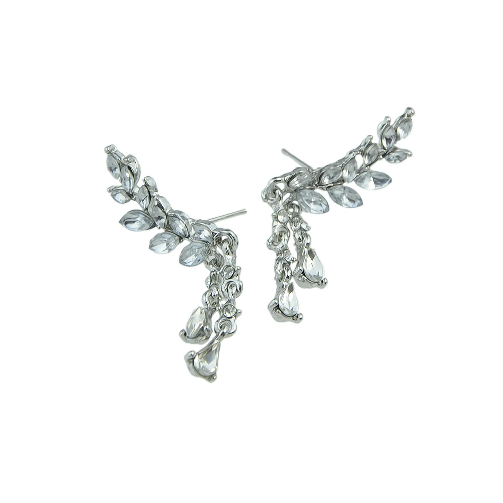 Kayshine Gold-Color Silver Color Rhinestone Leaf Branches With Double Water Drop Chain Earrings For Women Accessories | Украшения и