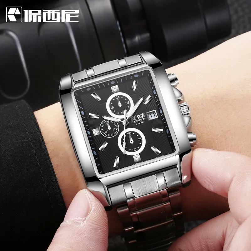 Часы мужские Новинка 2017 прямоугольный полный стали Кварцевые часы модный бренд