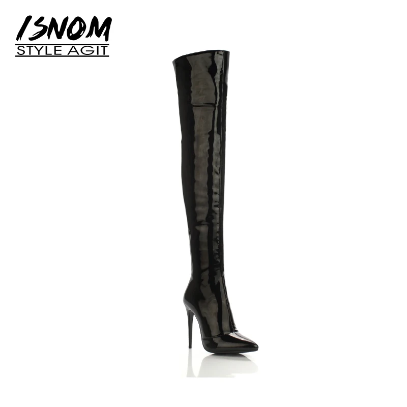ISNOM/женские зимние сапоги ботфорты из искусственной кожи на молнии с острым