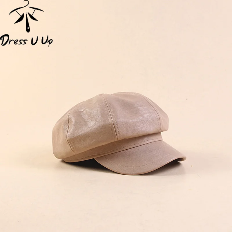 DRESSUUP Кожаная шапка, однотонная весенне-осенняя восьмиугольная кепка, Женский художественный Ретро берет, бейсболка, шапка, чёрный берет Femme - Цвет: Beige