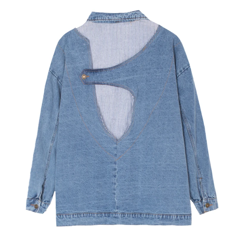 Creative design of back stitching stripe patch loose Street fake two fashionable BF neutral coat boyfriend denim jacket | Женская одежда