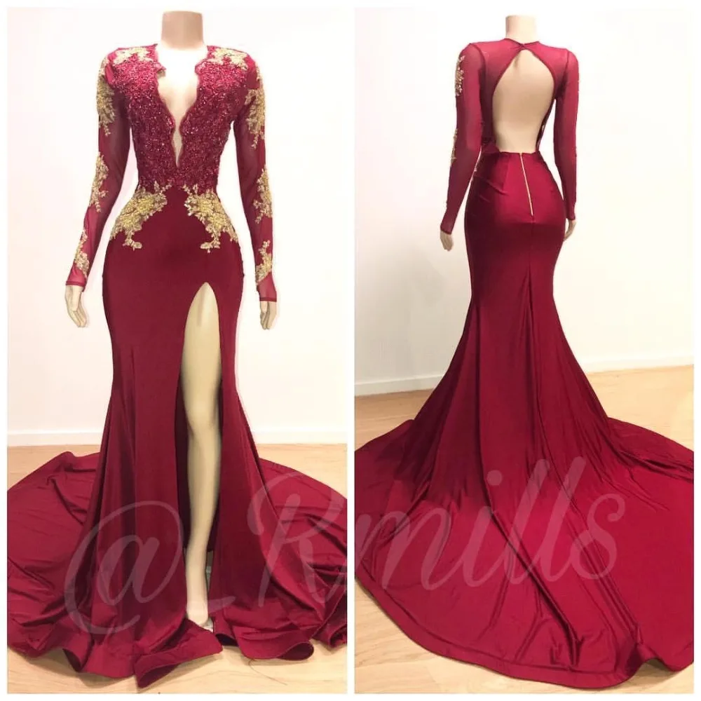 JaneVini Abito Lungo Vintage Evening Dress Long Sleeves Burgundy Gold Appliqued Party Gowns Mermaid Slit V Neck Formal Dresses | Свадьбы и