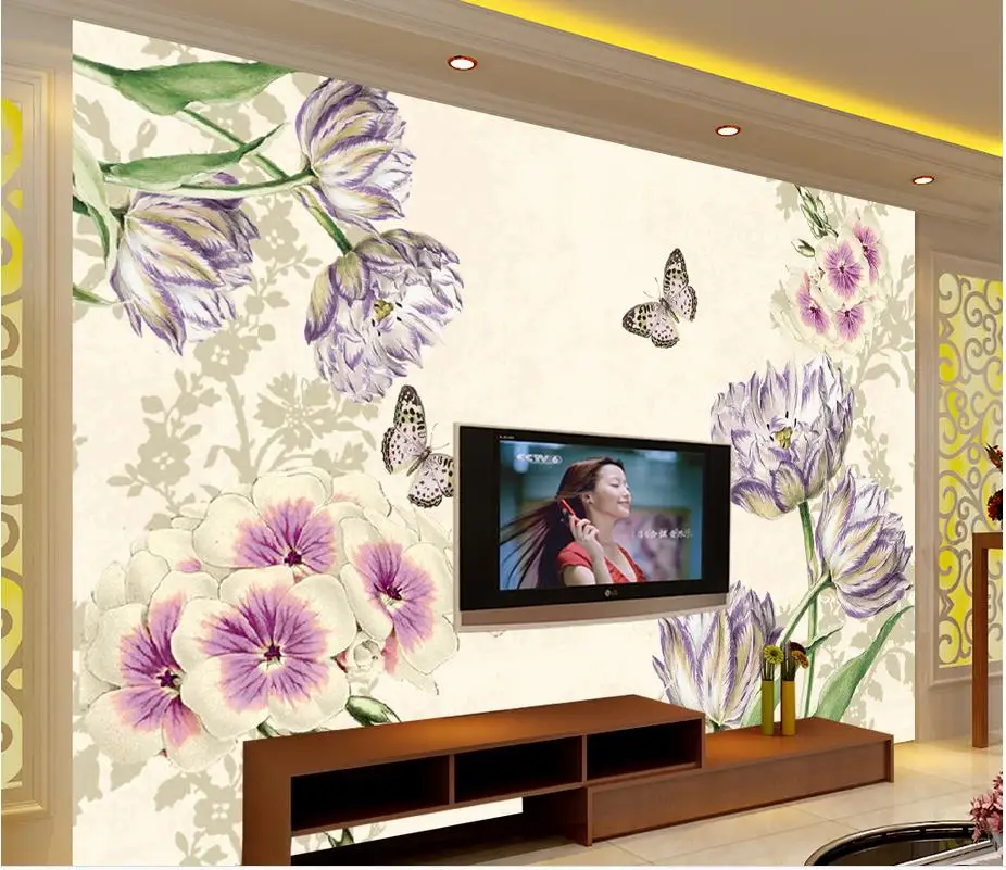 3d обои для комнаты ручная роспись тюльпаны фиолетовые цветы Европейский стиль