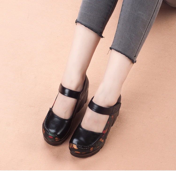 Genuine leather Wedges Women's shoes Spring Autumn Platform Women Pumps Hook&Loop Mary Janes Shoes Woman Casual Mom Leather shoe