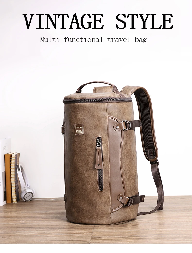 DIDE, новинка, кожаный мужской рюкзак для ноутбука, Mochila, винтажный, Повседневный, для путешествий, рюкзак, сумка, опрятный, школьный, цилиндрический дизайн
