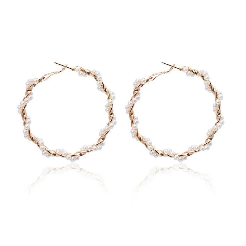 1Pair Hyperbole Big Simulated Pearl Hoop Earring for Women Jewelry Bohemian Statement Punk Round Earrings Fashion E80 | Украшения и