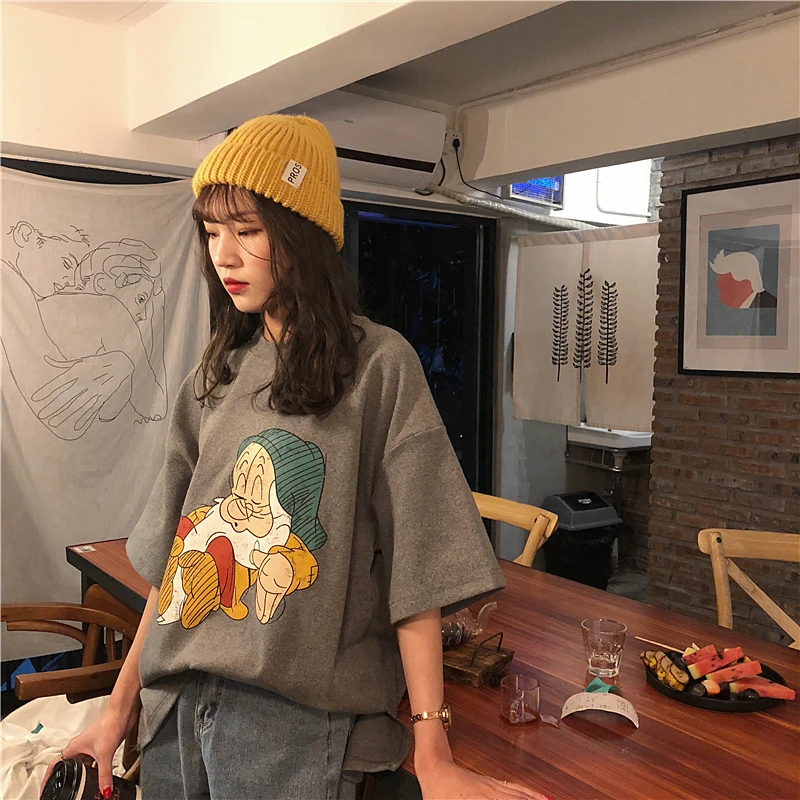 Magiray Kawaii, мультяшная Футболка с принтом гнома, Женская Корейская забавная мешковатая футболка, больше размера d, женский топ размера плюс, футболка, уличная футболка 08
