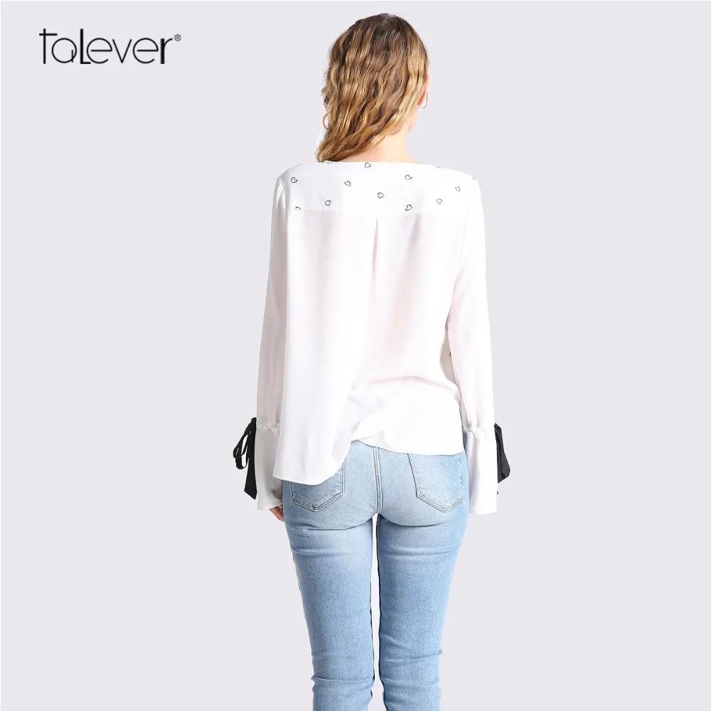 Women Fashion Chiffon Blouse Spring Casual Black Bow Ribbon Flare Sleeve Female Shirt Floral Printed White elegant Talever |