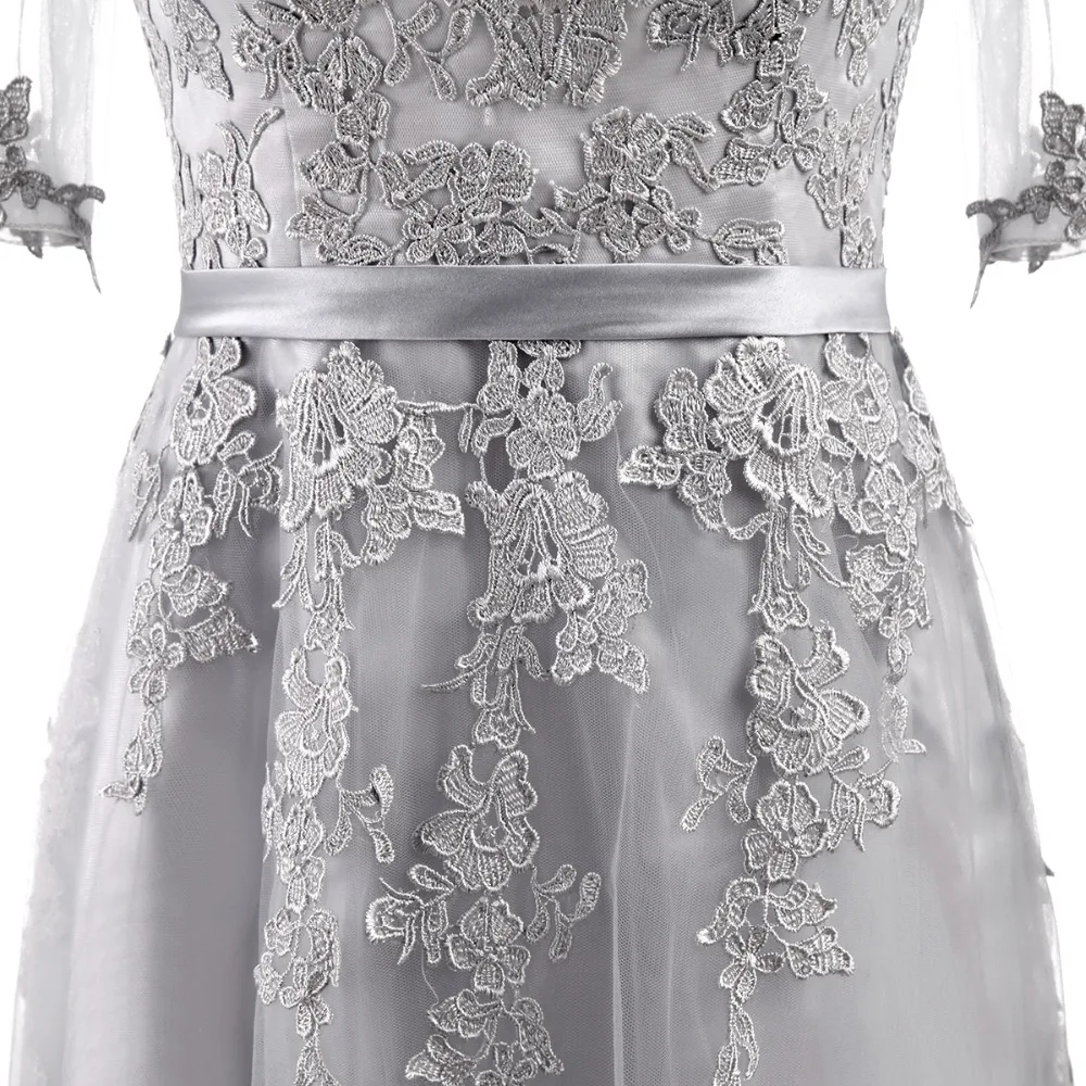 Robe De Soiree, элегантное вечернее платье для банкета, серебряное, рукав до локтя, прозрачное, кружевное, с вышивкой, ТРАПЕЦИЕВИДНОЕ, длинное, официальное платье на заказ