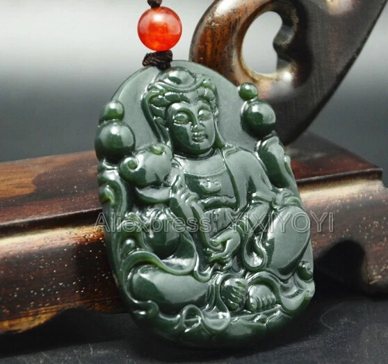Красивый природный зеленый HeTian нефрит резной китайский GuanYin амулет счастливый