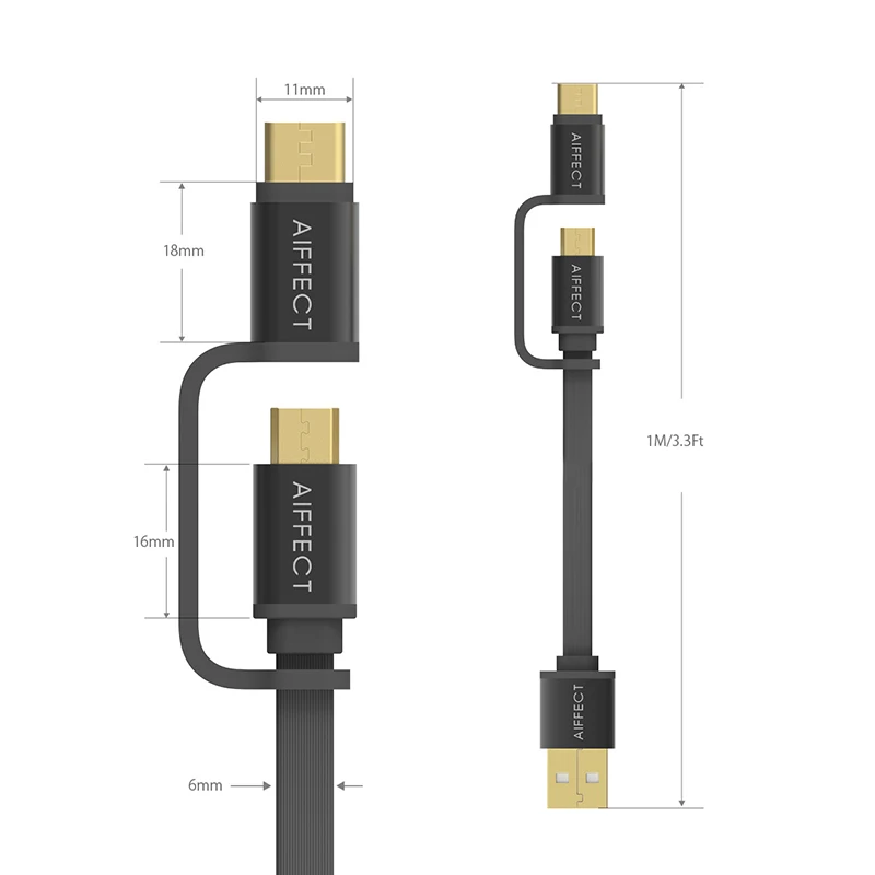 AIFFECT Micro usb type C USB 2 в 1 кабель синхронизации Быстрый заряд кабеля для