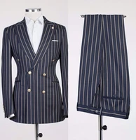 2020 new peaked lapel gold striped suit jacket as groom tuxedos navy blue blazer 1 piece worsted wool jacket