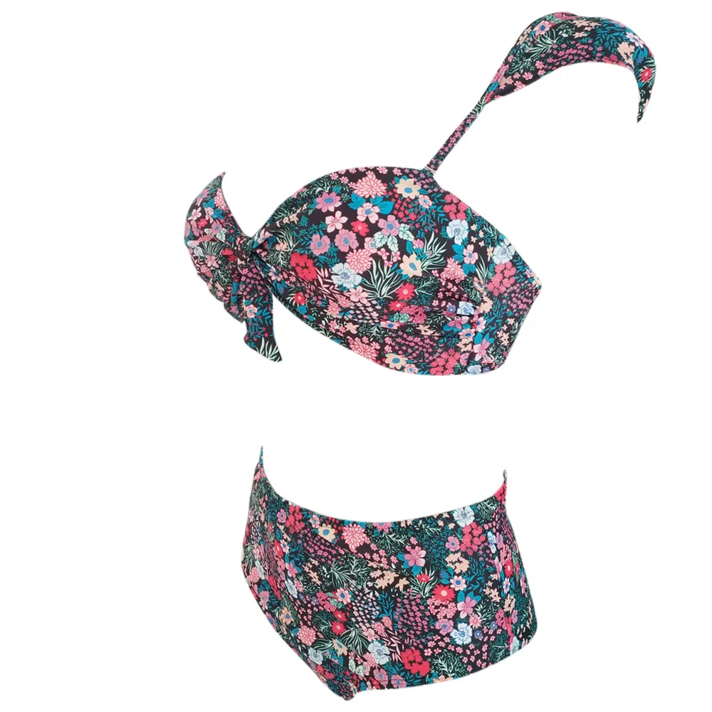 Женский винтажный купальник-бандо с высокой талией и бантиком в стиле ретро