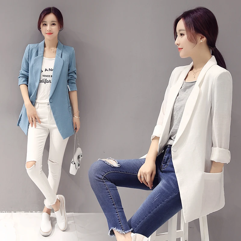 

New Spring Women Casual vintage Thin Blazer Feminino Ladies Blazer Suit Jacket Female Long Sleeve Linen Suit Blaser Mujer