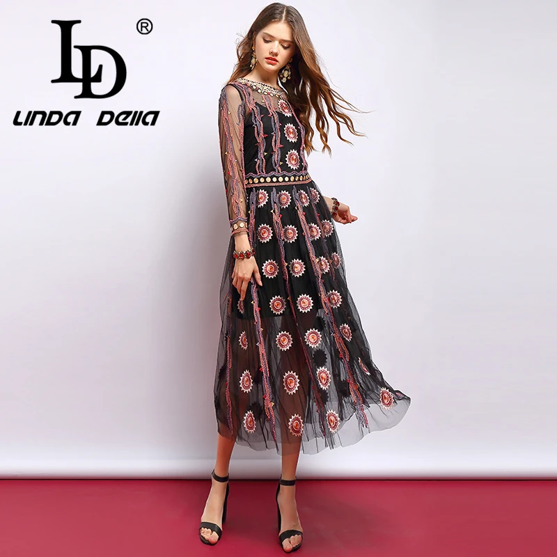 LD LINDA делла весеннее модное подиумное винтажное платье женское с длинным рукавом великолепное Сетчатое элегантное платье с вышивкой кристаллами и бисером