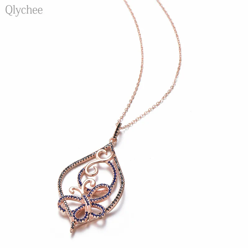 Qlychee Мода 925 серебристый черный Buttefly ожерелья для мужчин Женский звено цепи
