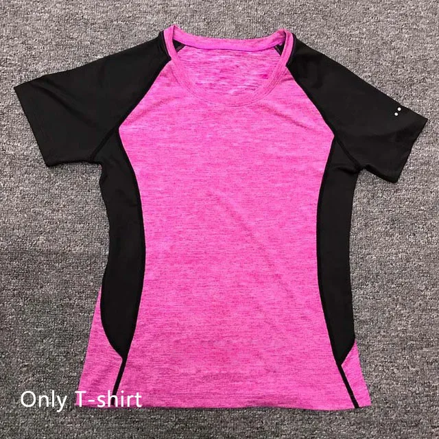 Purple T-Shirt Женский комплект для бега, занятий йогой, футболка, спортивные костюмы, штаны для фитнеса, леггинсы, рубашка с коротким рукавом, комплекты для бега, одежда для спортзала и тренировок - Цвет: Purple T-Shirt