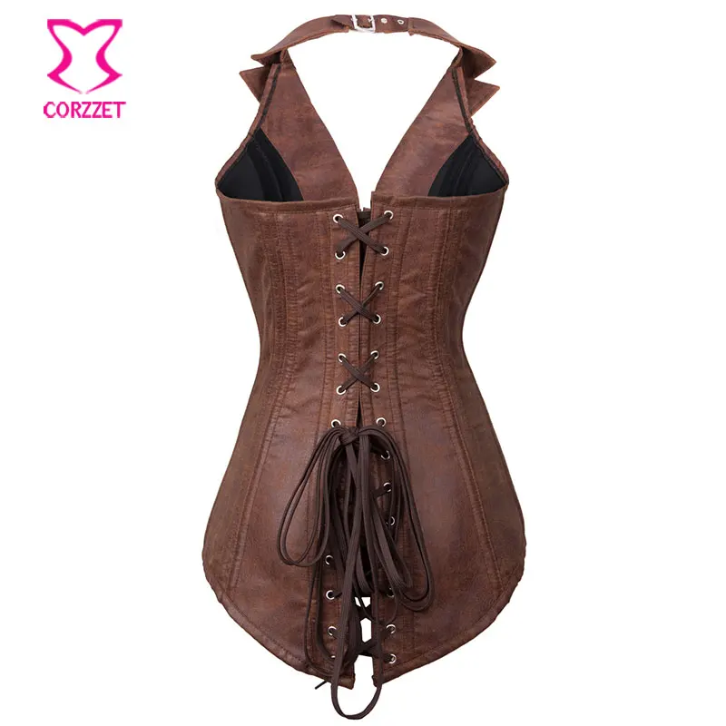 Винтажный Коричневый корсет из искусственной кожи в стиле стимпанк корсеты для