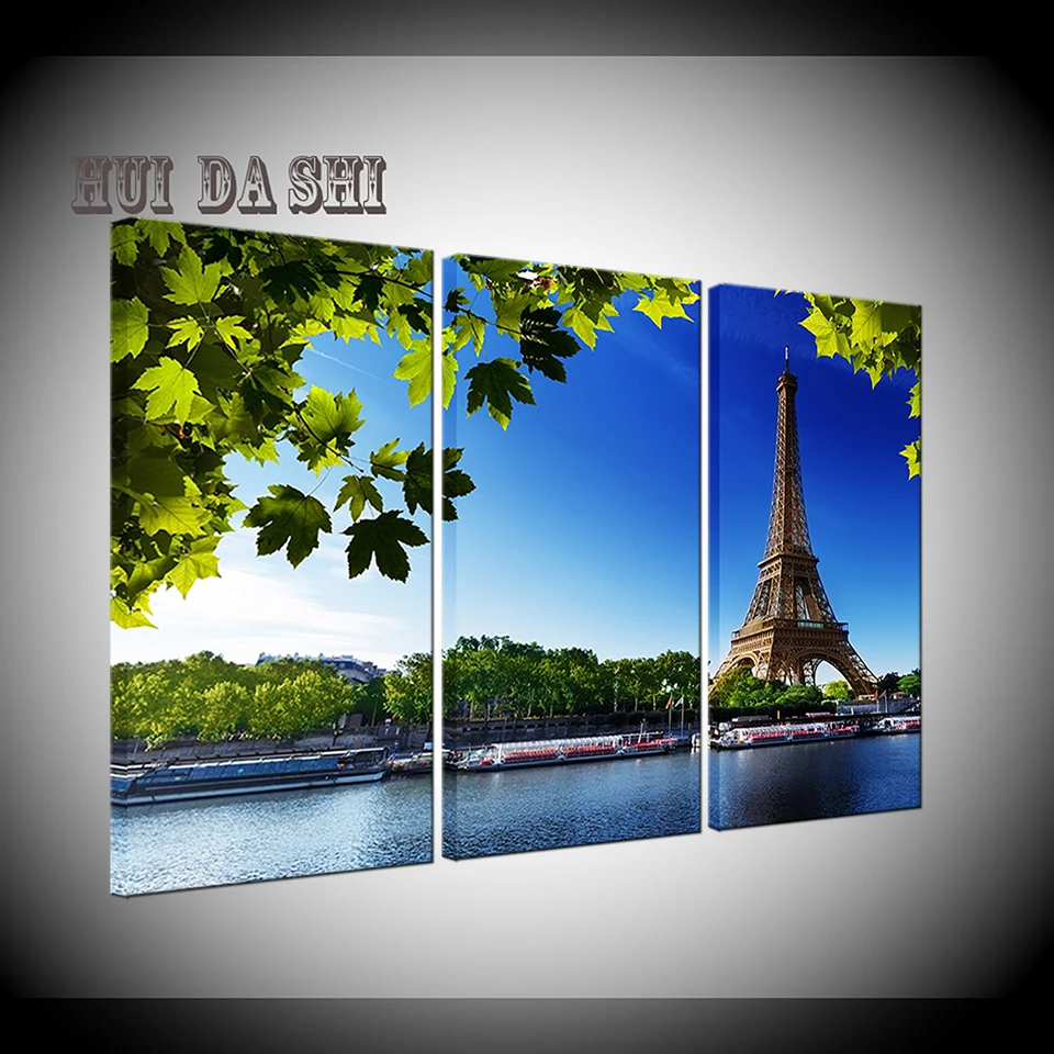 Canvas HD Prints Pictures Room Wall Art 3 Pieces Paris Tower River Riverside Painting Landscape Poster Home Decor Framework | Дом и сад