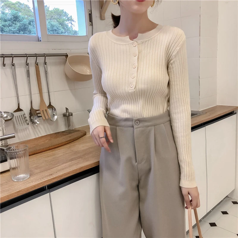 spring winter Slim fit long sleeve Wild pullovers knitted casual solid button o-neck Women's Clothing Korean style fashion brand | Женская
