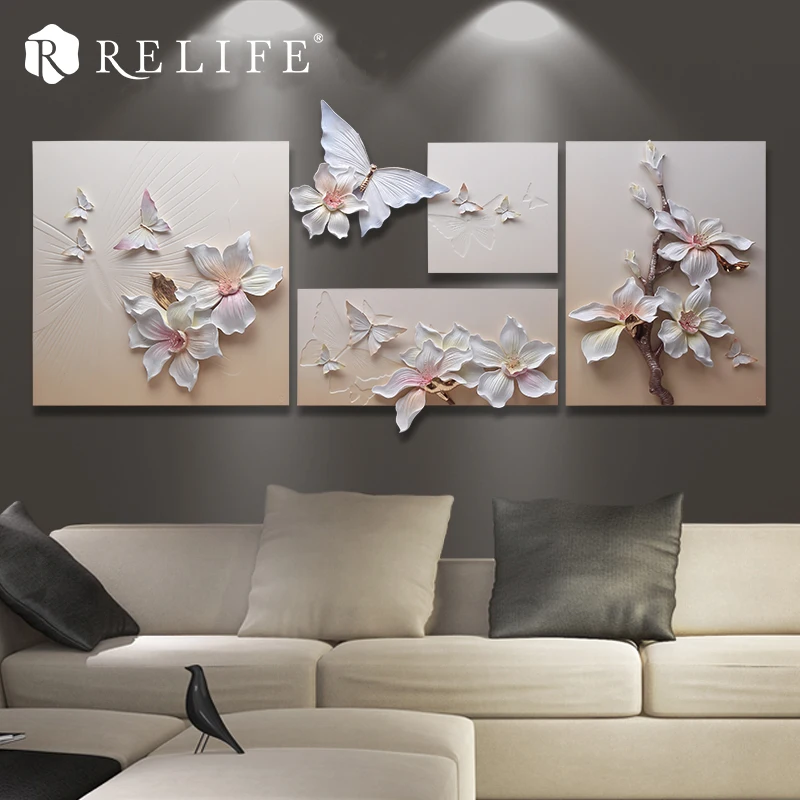 Handpainted Frameless Magnolia and Butterfly Wall Art Paintings for Living Room | Дом и сад