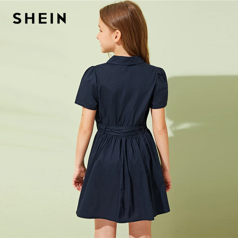 SHEIN Kiddie/платье-рубашка с одной пуговицей спереди и поясом для девочек; коллекция года; летнее короткое платье с короткими рукавами и двумя карманами для детей